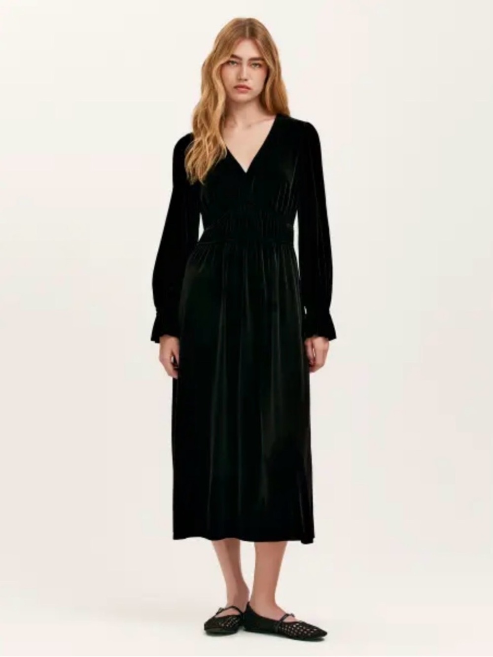 Lane Bryant Plus size Black V-Neck Long Sleeve Midi Velvet Dress